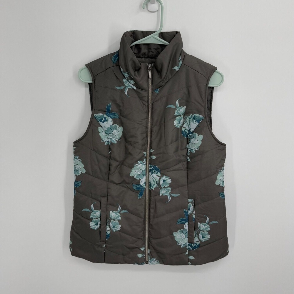 Christopher and Banks Womens Puffer V est Size M Brown Floral Full Zip